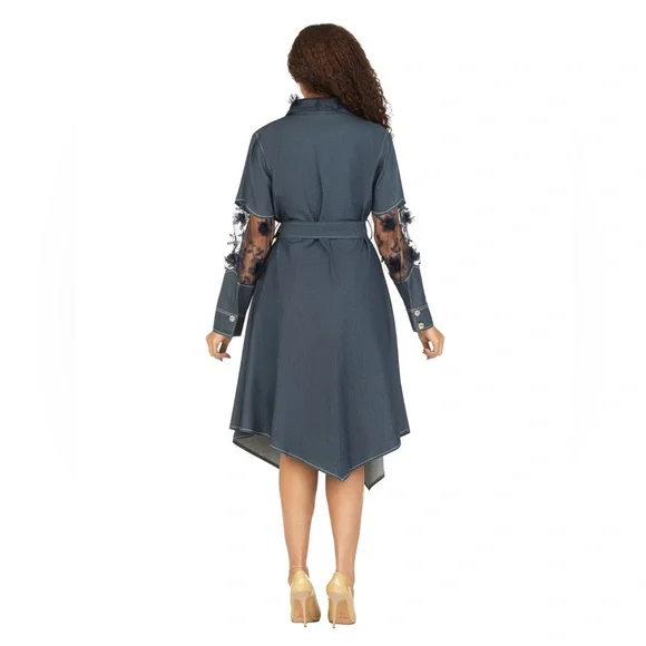 Style by Giovanna Elegant Blue Denim Dress with Sheer Sleeves
